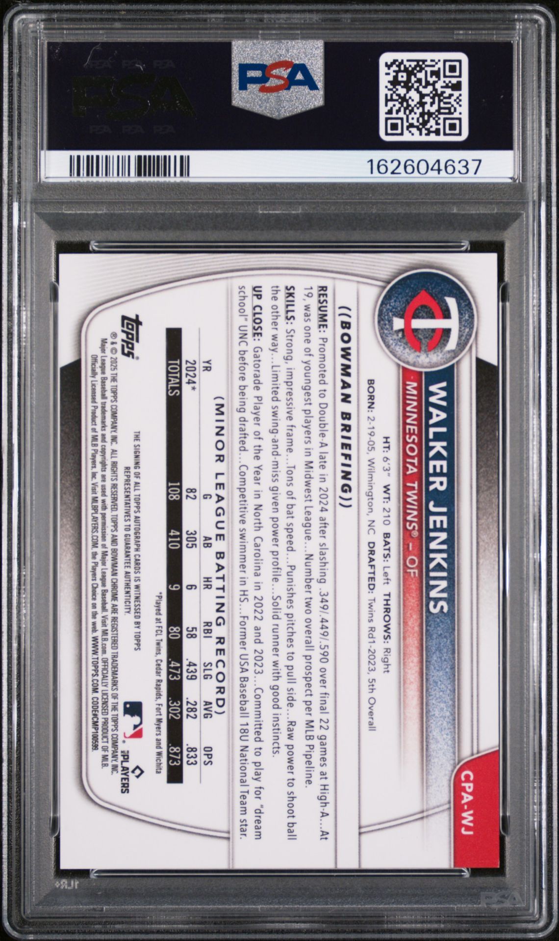 2025 Bowman Chrome Prospect Autographs Walker Jenkins #Cpawj (Chrome Pros Au-Purple Ref) Mint 9 back