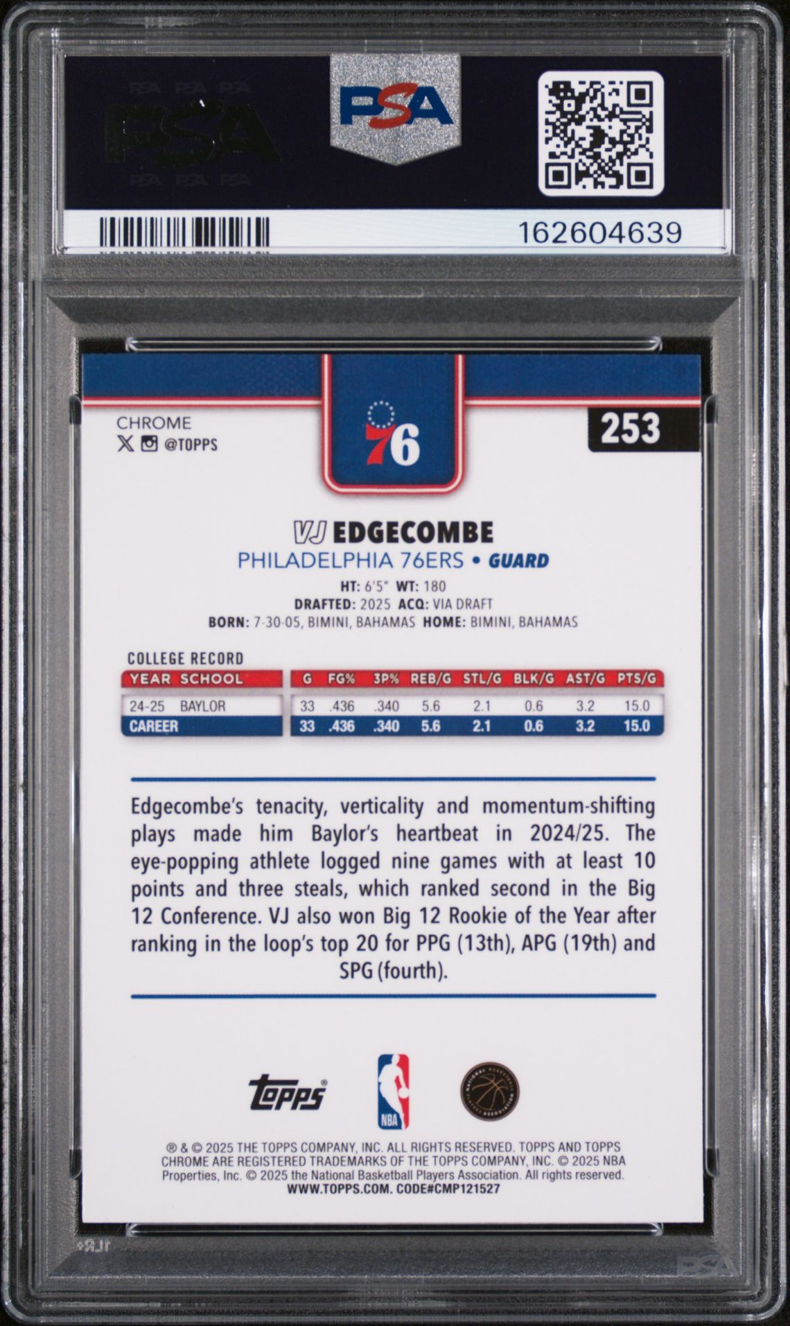 2025 Topps Chrome Vj Edgecombe #253 (Basketball Refractor) Mint 9 back