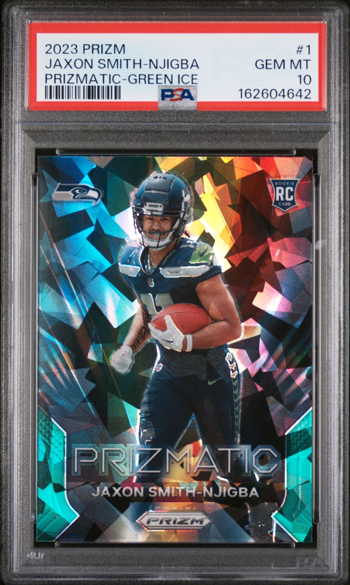 2023 Panini Prizm Prizmatic Jaxon Smith-Njigba #1 (Prizmatic-Green Ice) Gem Mt 10 front view - PSA graded GEM MT 10