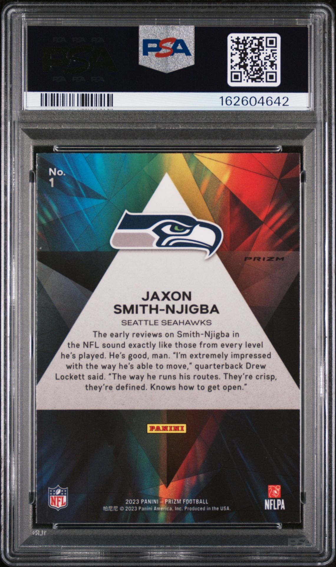 2023 Panini Prizm Prizmatic Jaxon Smith-Njigba #1 (Prizmatic-Green Ice) Gem Mt 10 back view - PSA certificate #162604642