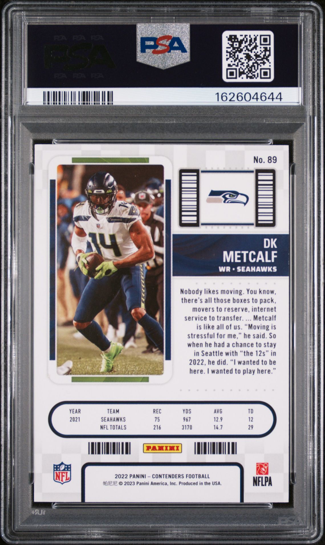 2022 Panini Contenders Dk Metcalf #89 (Championship Ticket) Gem Mt 10 back view - PSA certificate #162604644