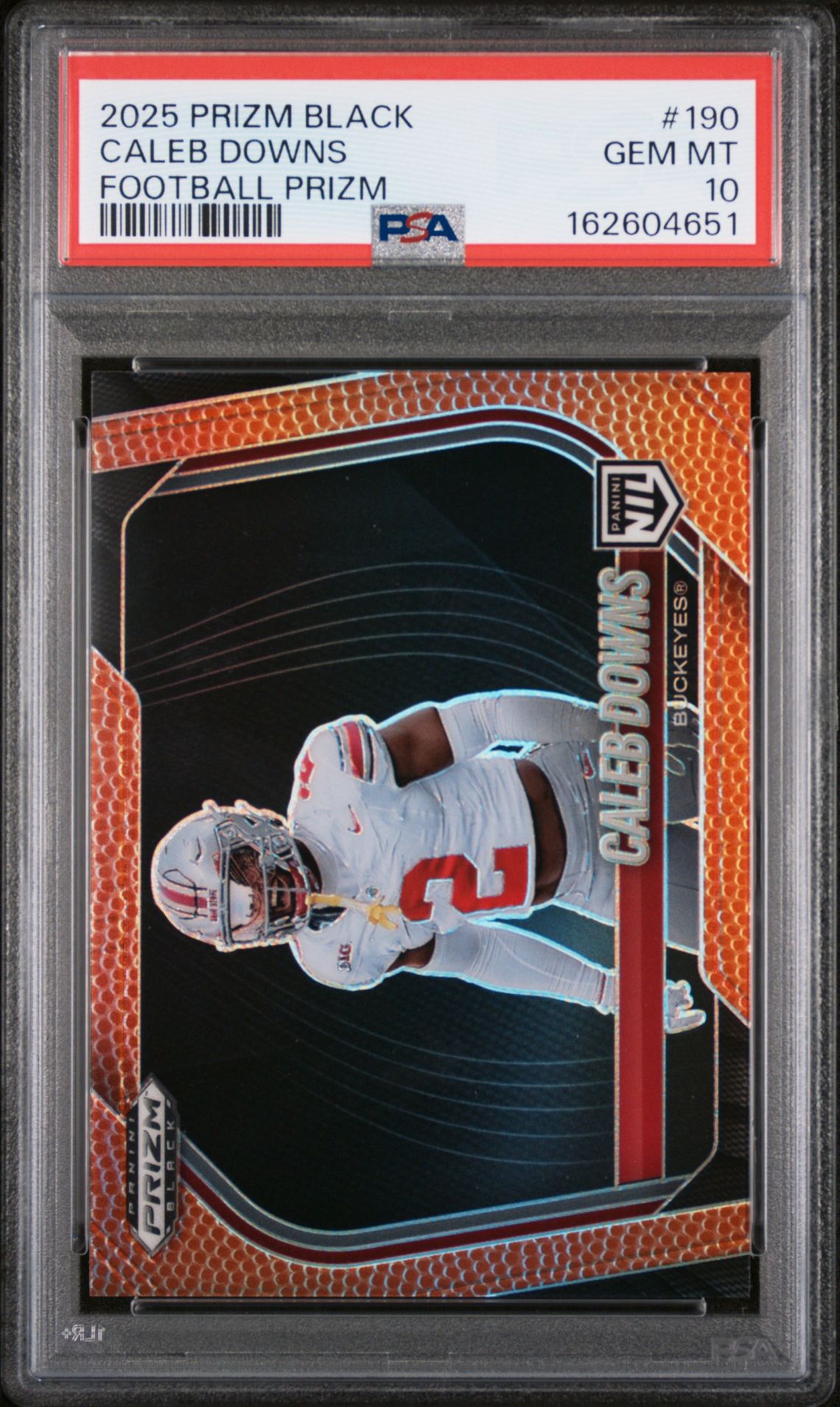 2025 Panini Prizm Black Caleb Downs #190 (Football Prizm) Gem Mt 10 front view - PSA graded GEM MT 10