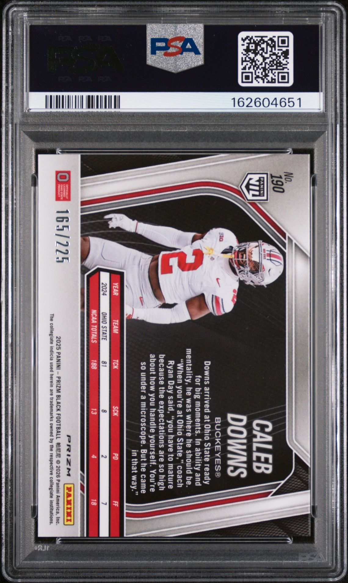 2025 Panini Prizm Black Caleb Downs #190 (Football Prizm) Gem Mt 10 back view - PSA certificate #162604651