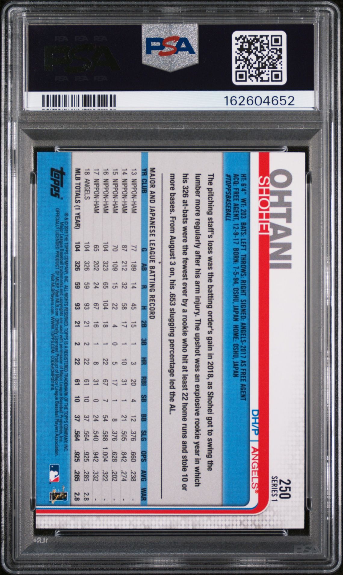2019 Topps Shohei Ohtani #250 Mint 9 back