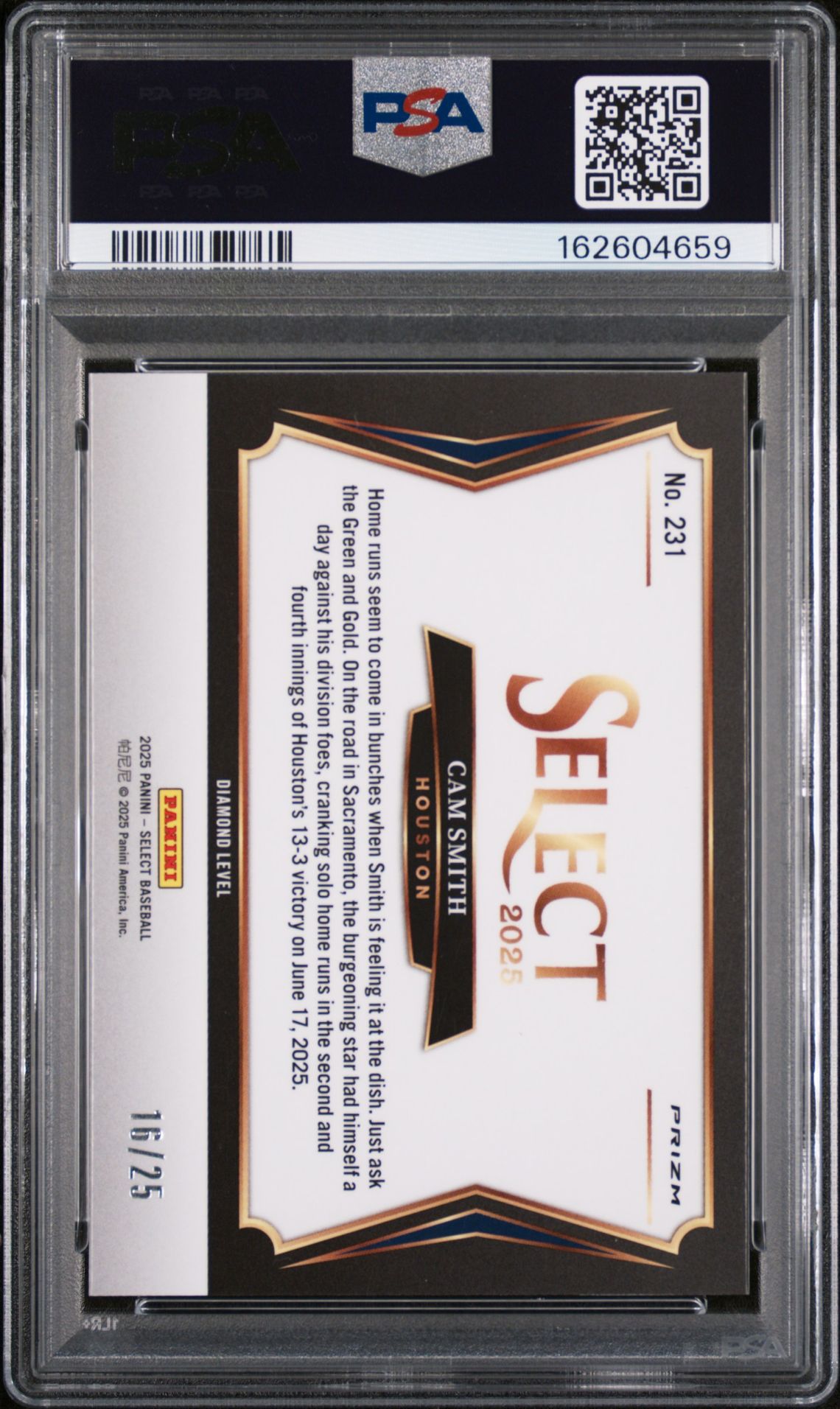 2025 Panini Select Cam Smith #231 (Tie-Dye Prizm) Gem Mt 10 back view - PSA certificate #162604659