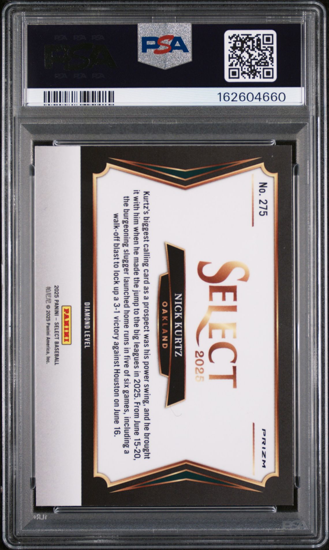 2025 Panini Select Nick Kurtz #275 (Silver Prizm) Gem Mt 10 back view - PSA certificate #162604660