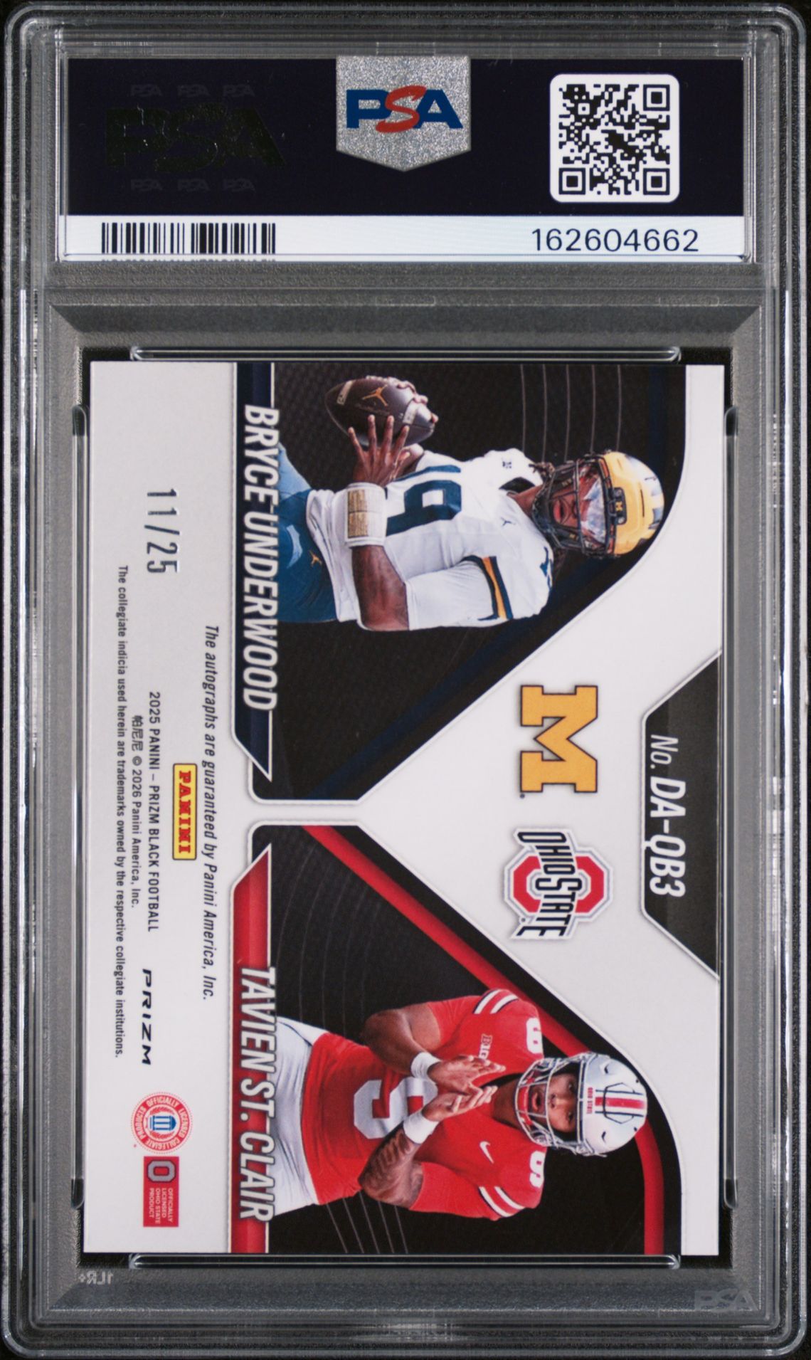 2025 PANINI PRIZM BLACK DUAL AUTOGRAPHS UNDERWOOD/ST. CLAIR DUAL AUTO-MOJO PRIZM DA-QB3 GEM MT 10 back
