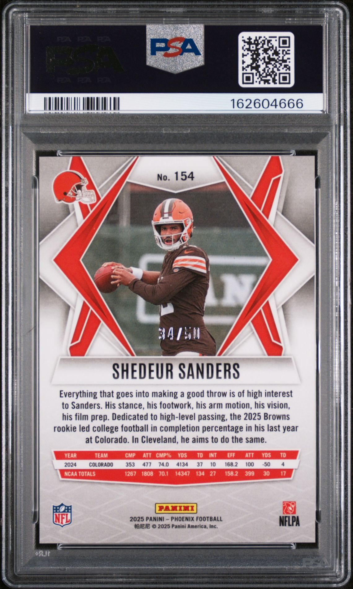 2025 Panini Phoenix Shedeur Sanders #154 (Teal Mojo) Gem Mt 10 back view - PSA certificate #162604666