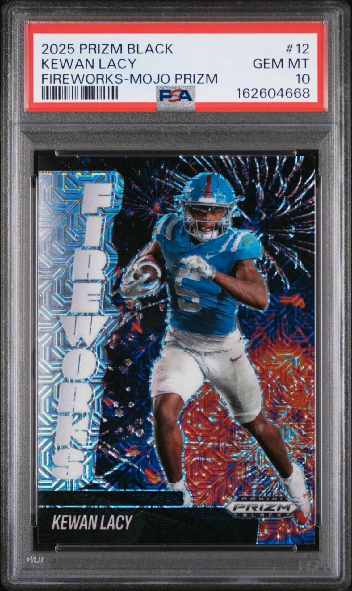 2025 Panini Prizm Black Fireworks Kewan Lacy #12 (Fireworks-Mojo Prizm) Gem Mt 10 front view - PSA graded GEM MT 10