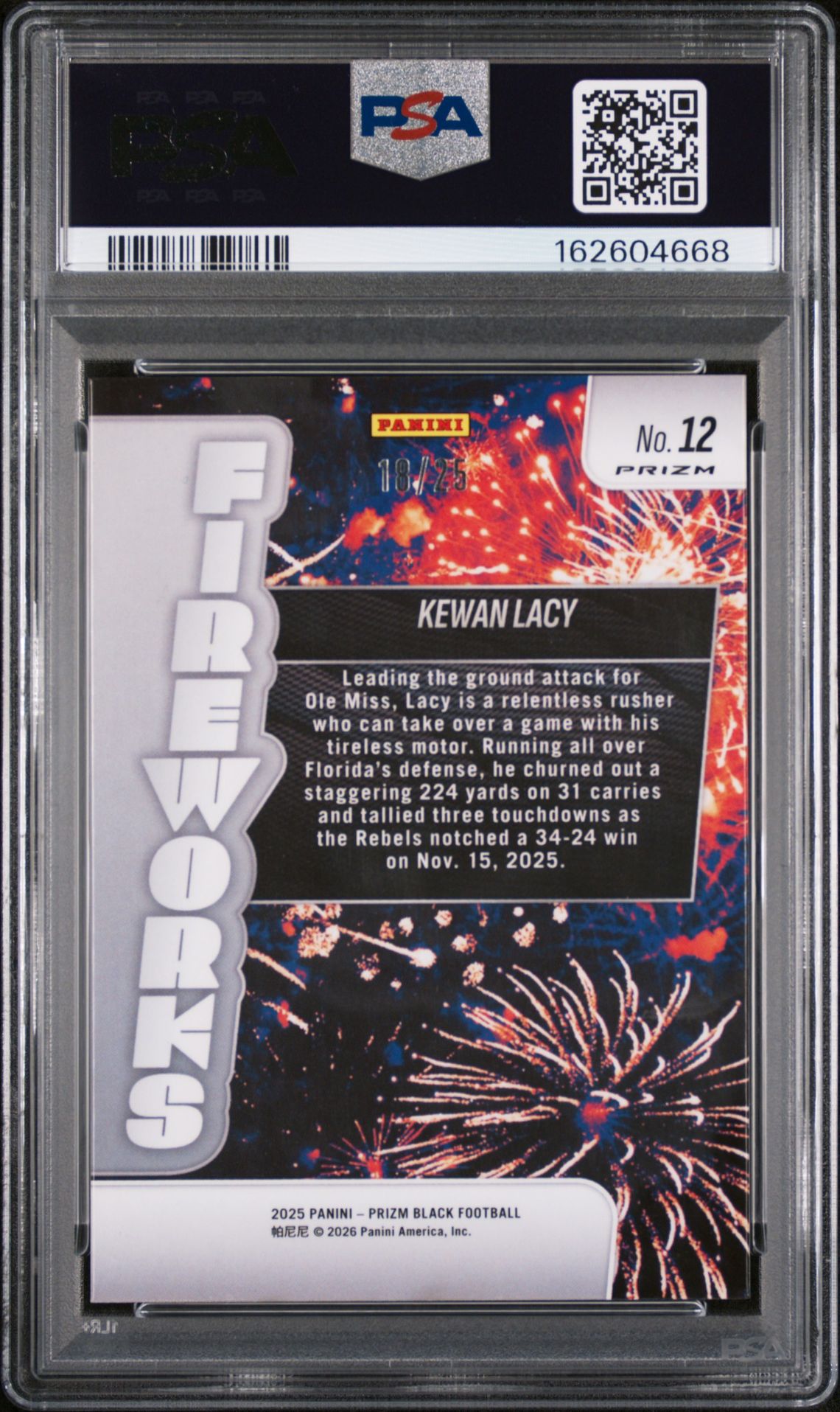 2025 Panini Prizm Black Fireworks Kewan Lacy #12 (Fireworks-Mojo Prizm) Gem Mt 10 back view - PSA certificate #162604668