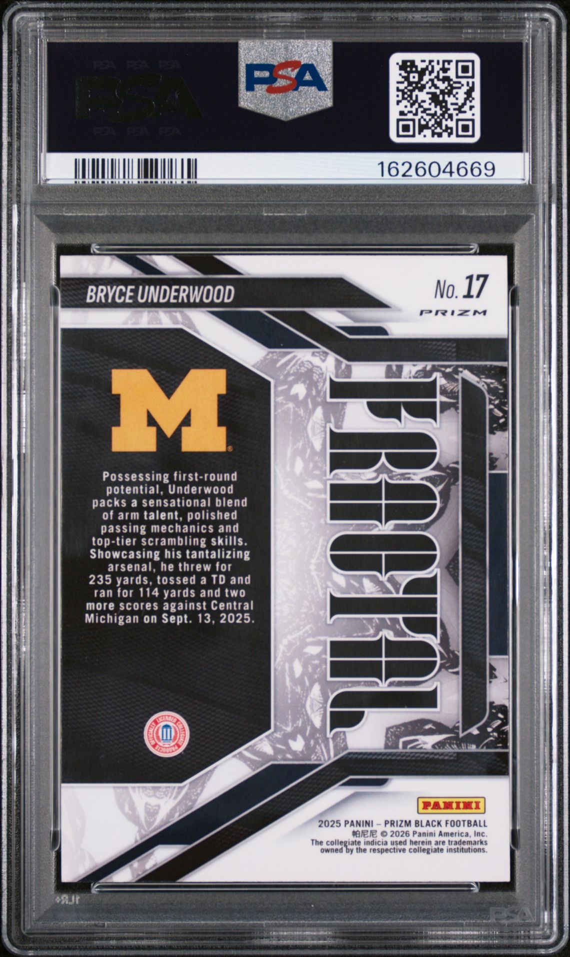 2025 Panini Prizm Black Fractal Bryce Underwood #17 (Fractal-Silver Prizm) Gem Mt 10 back