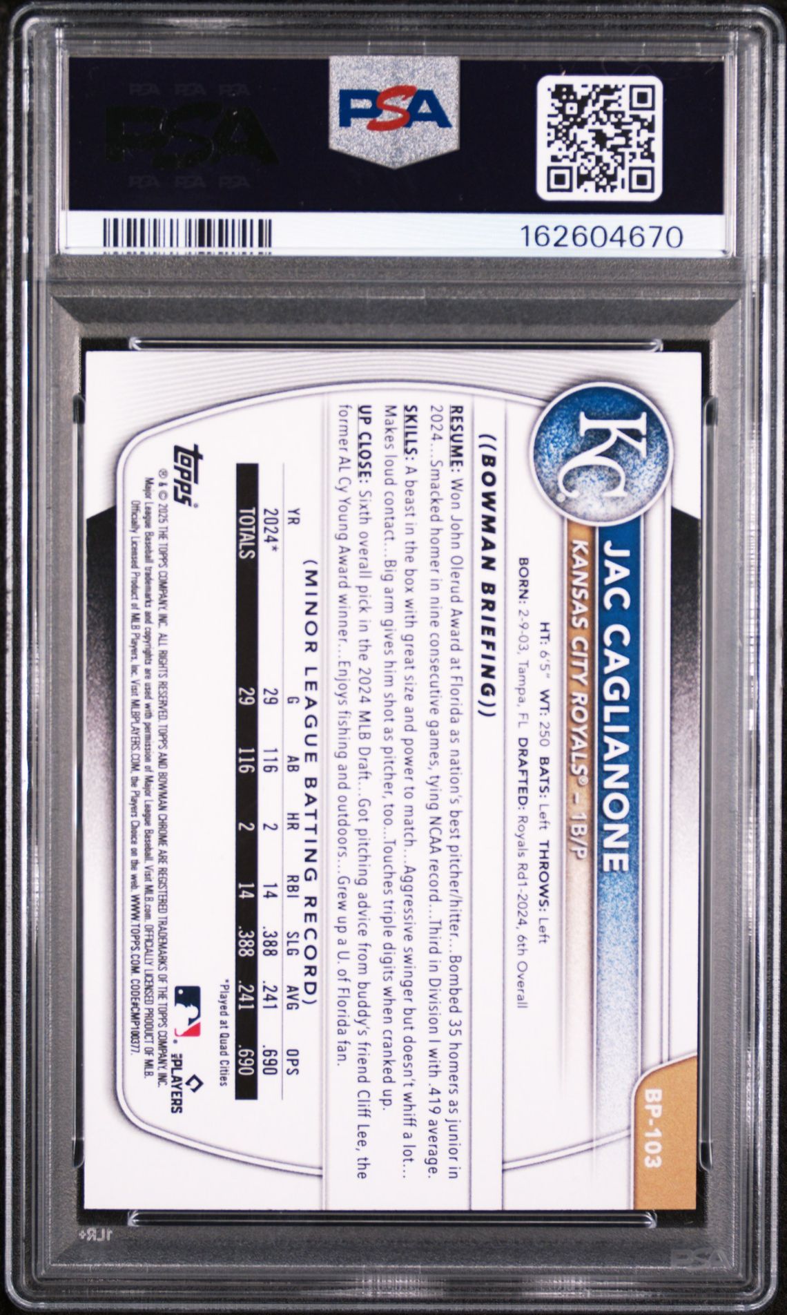 2025 Bowman Paper Prospects Jac Caglianone #Bp103 (Paper Prospects-Purple) Nm-Mt 8 back