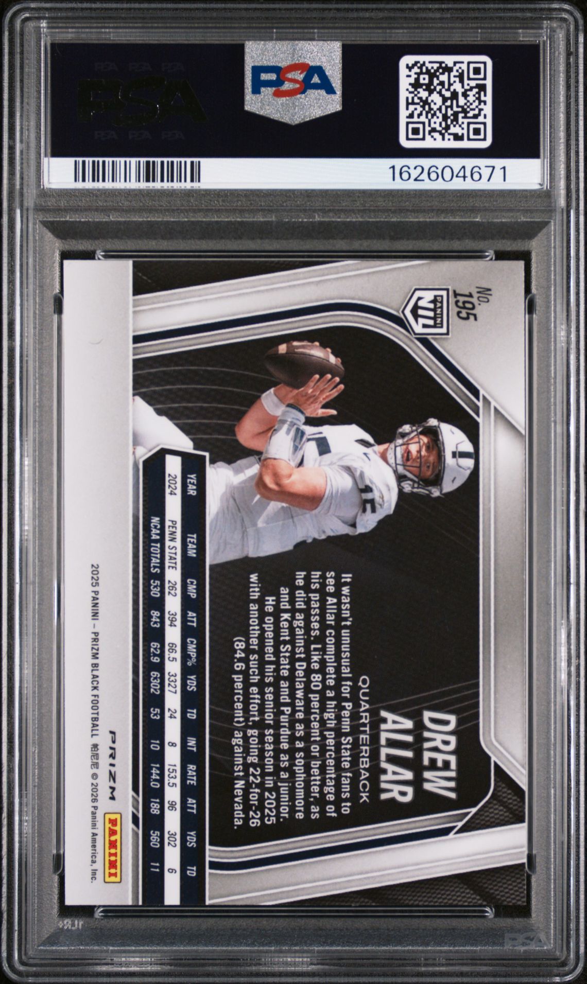 2025 Panini Prizm Black Drew Allar #195 (Silver Prizm) Mint 9 back