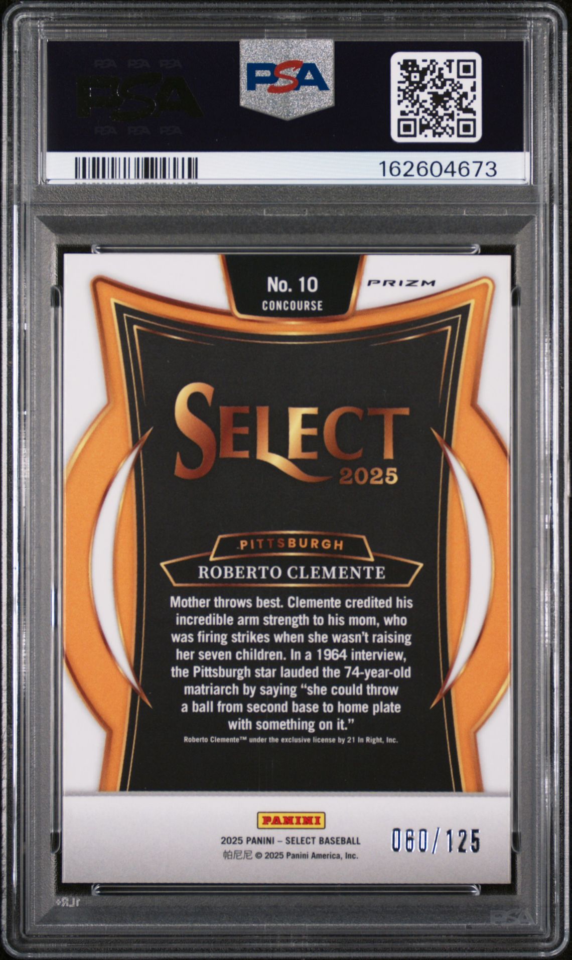 2025 Panini Select Roberto Clemente #10 (Bronze Prizm) Mint 9 back