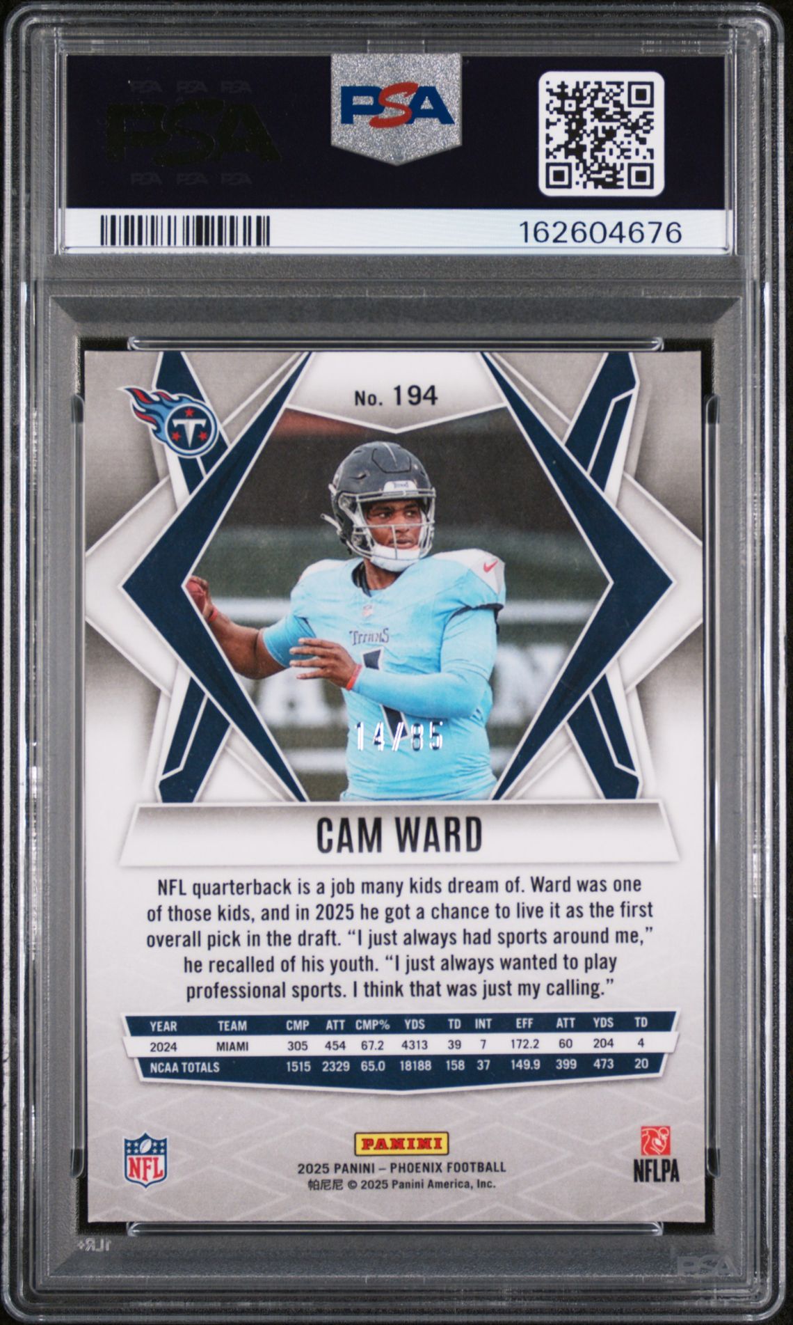 2025 Panini Phoenix Cam Ward #194 (Light Blue Mojo) Gem Mt 10 back view - PSA certificate #162604676
