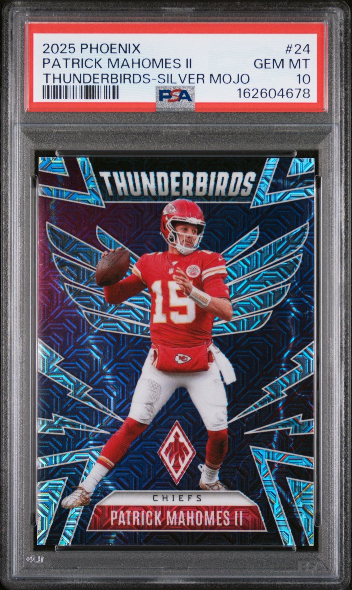 2025 Panini Phoenix Thunderbirds Patrick Mahomes Ii #24 (Thunderbirds-Silver Mojo) Gem Mt 10 front view - PSA graded GEM MT 10