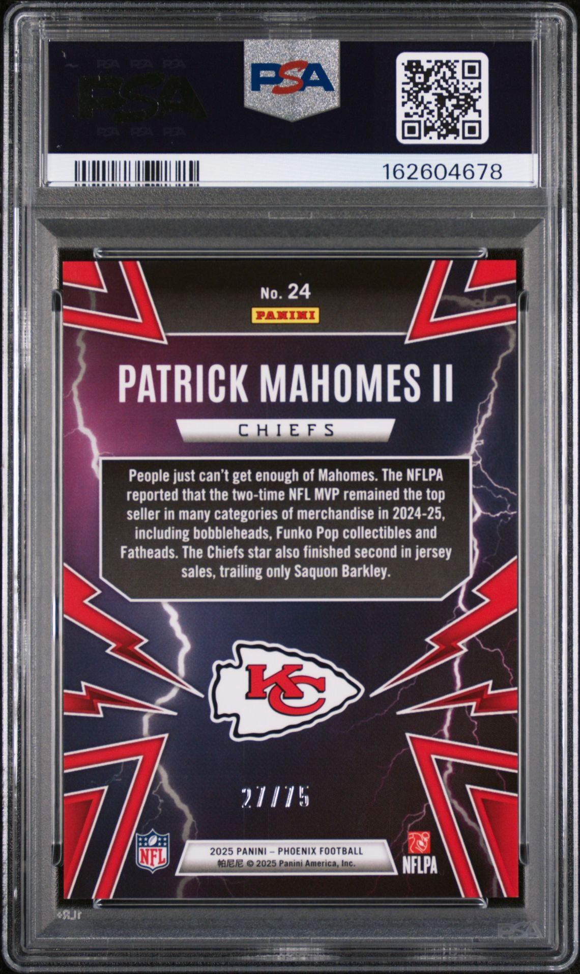 2025 Panini Phoenix Thunderbirds Patrick Mahomes Ii #24 (Thunderbirds-Silver Mojo) Gem Mt 10 back view - PSA certificate #162604678