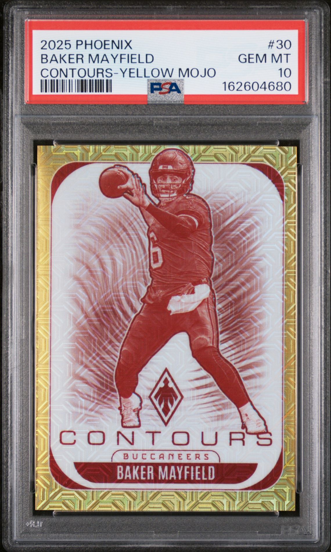 2025 Panini Phoenix Contours Baker Mayfield #30 (Contours-Yellow Mojo) Gem Mt 10 front view - PSA graded GEM MT 10