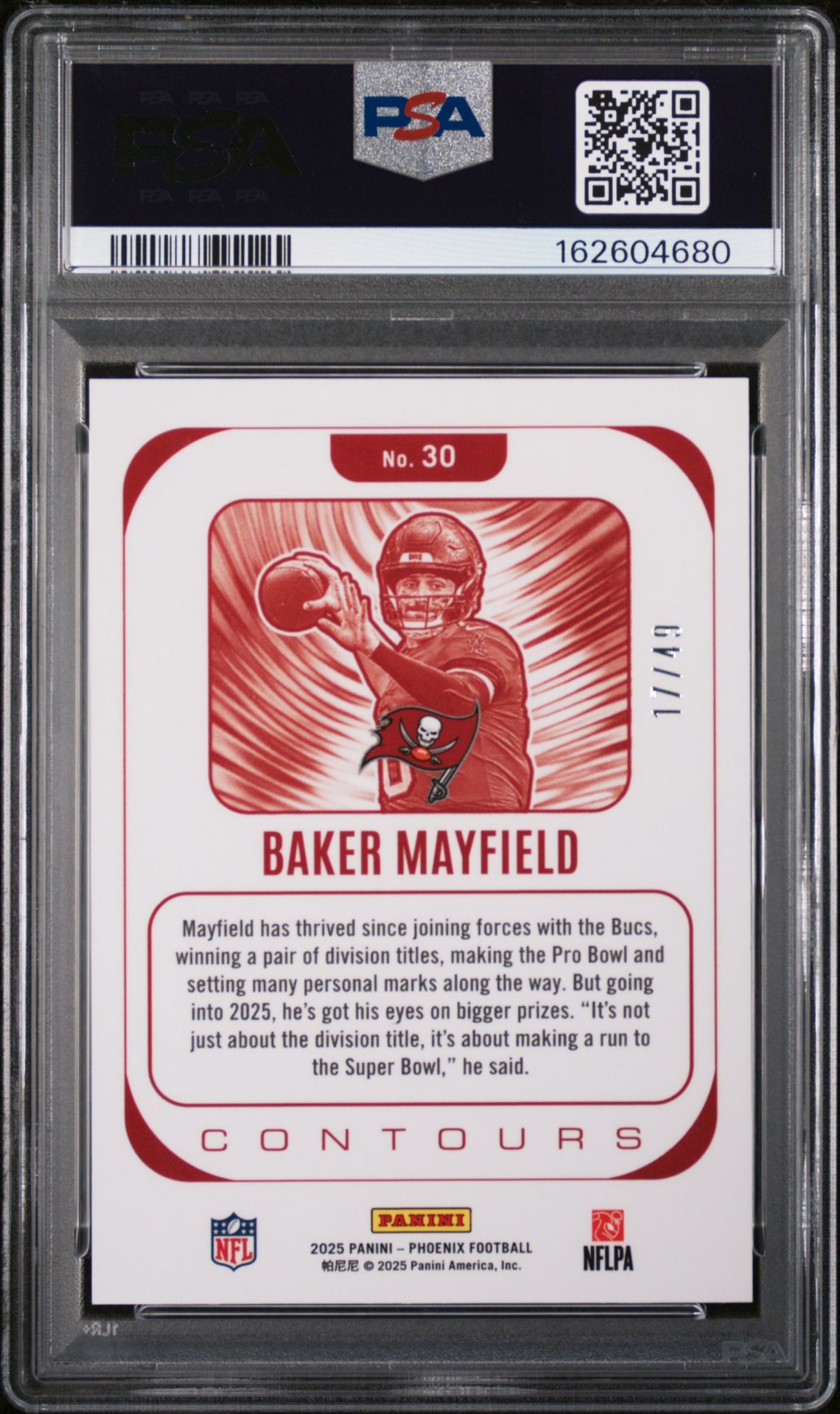 2025 Panini Phoenix Contours Baker Mayfield #30 (Contours-Yellow Mojo) Gem Mt 10 back view - PSA certificate #162604680