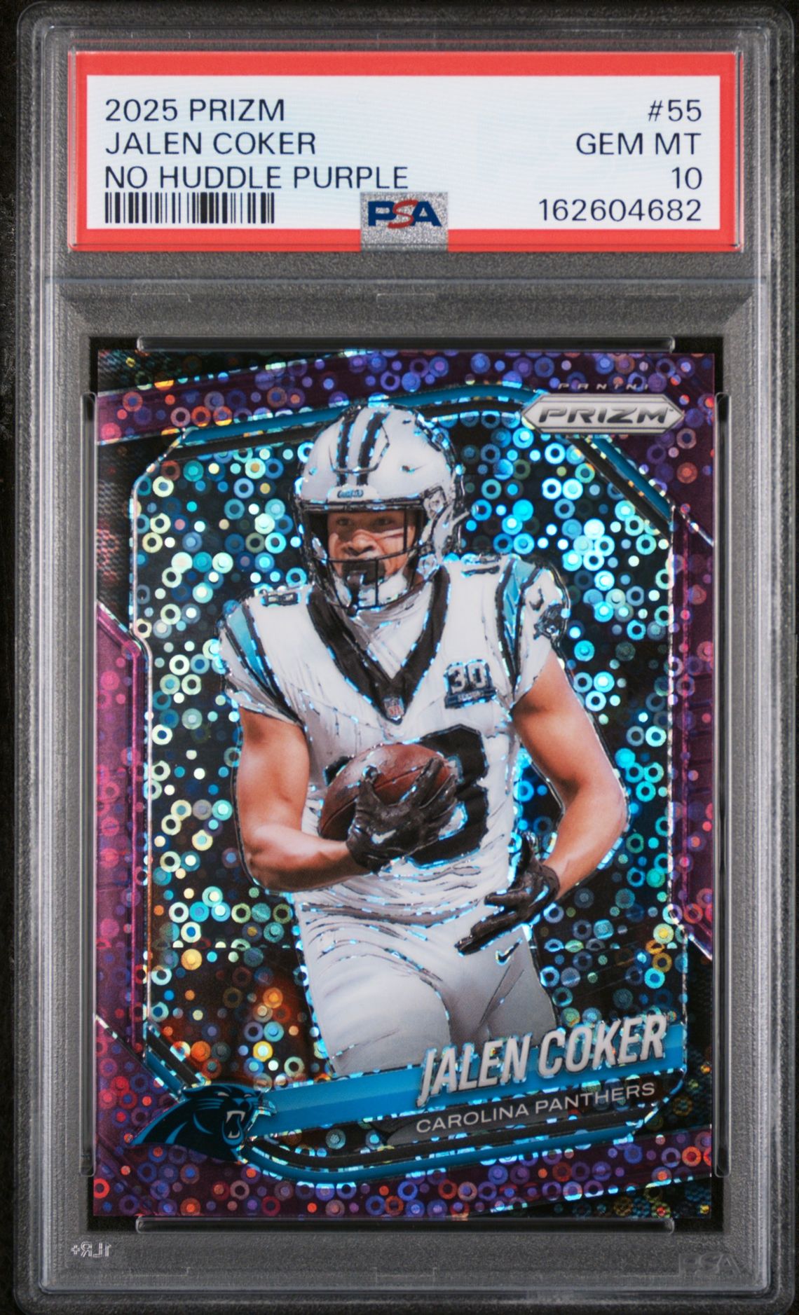 2025 Panini Prizm Jalen Coker #55 (No Huddle Purple) Gem Mt 10 front view - PSA graded GEM MT 10