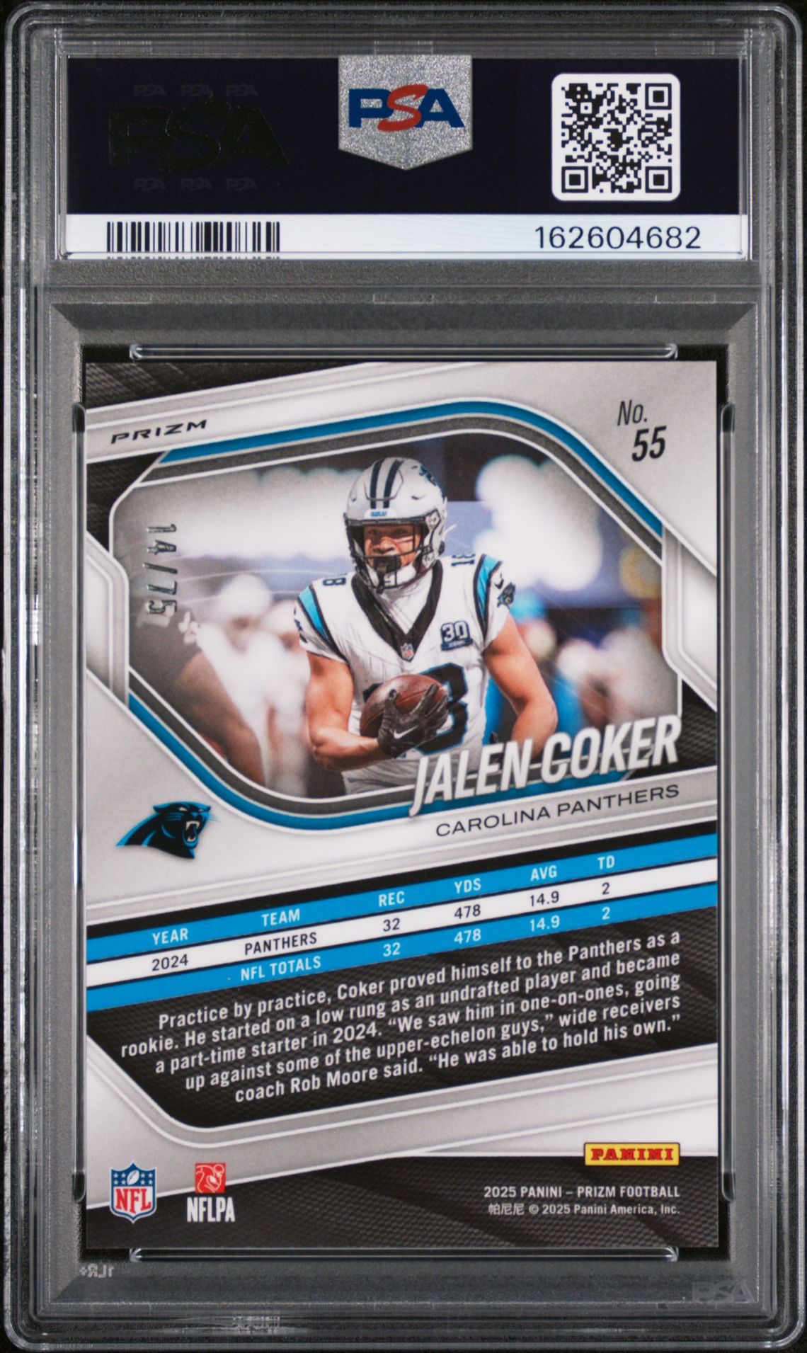 2025 Panini Prizm Jalen Coker #55 (No Huddle Purple) Gem Mt 10 back view - PSA certificate #162604682
