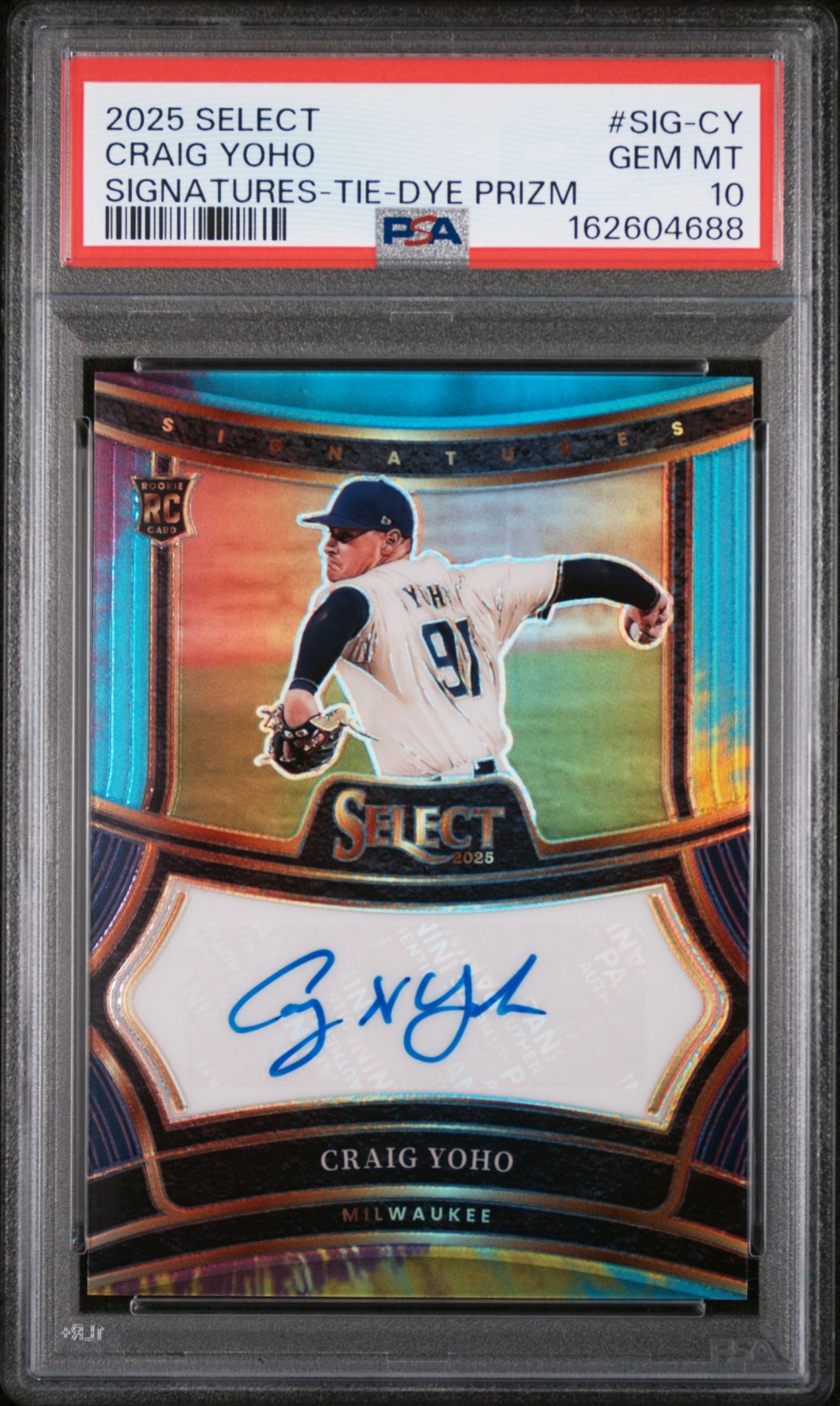 2025 Panini Select Signatures Craig Yoho #Sig-Cy (Signatures-Tie-Dye Prizm) Gem Mt 10 front view - PSA graded GEM MT 10