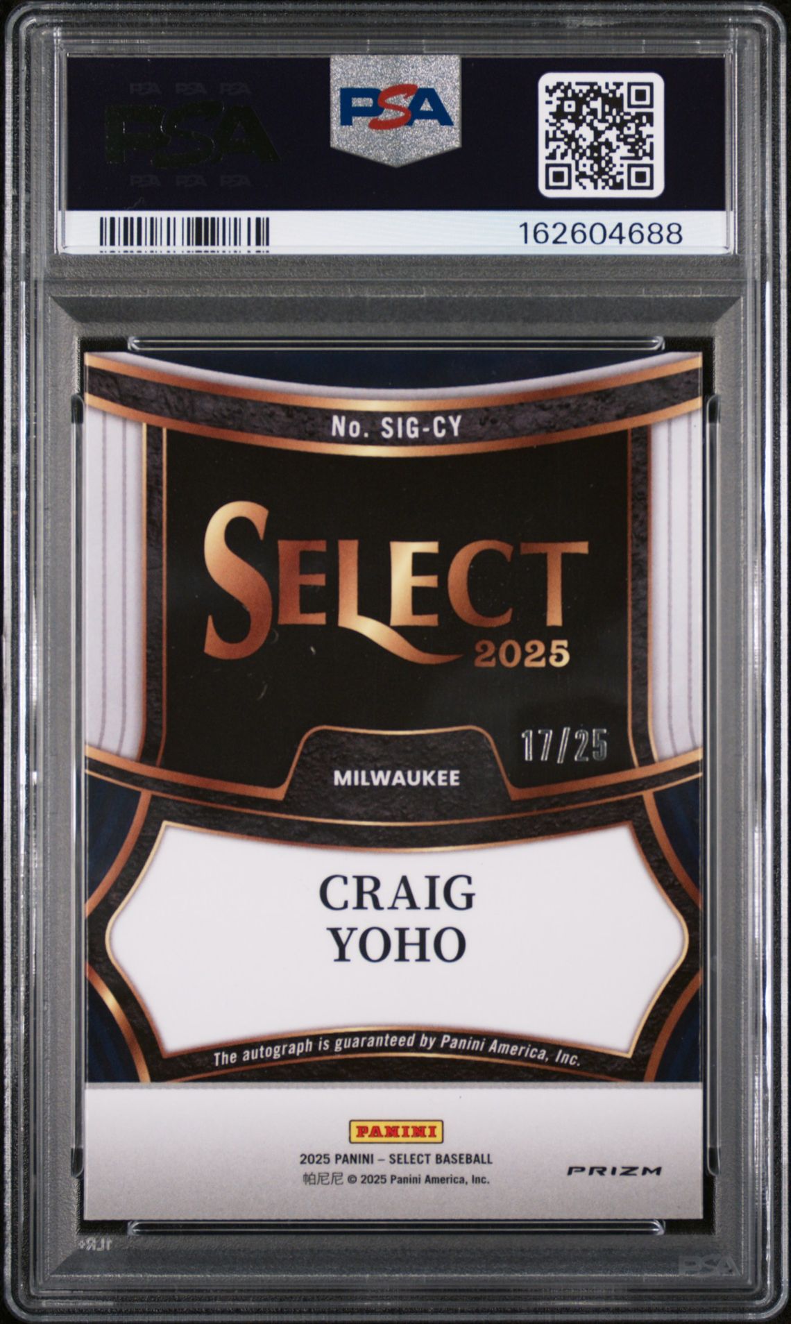 2025 Panini Select Signatures Craig Yoho #Sig-Cy (Signatures-Tie-Dye Prizm) Gem Mt 10 back view - PSA certificate #162604688