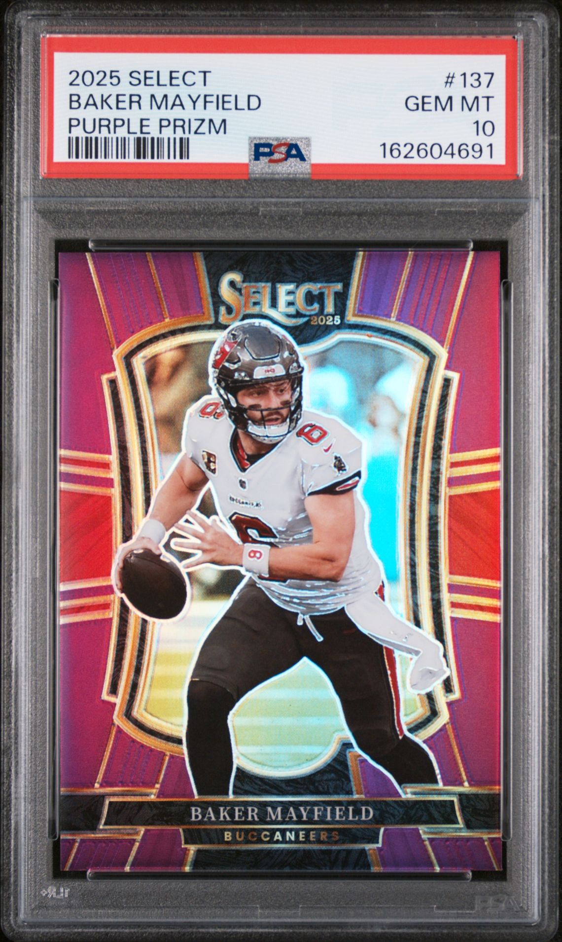 2025 Panini Select Baker Mayfield #137 (Purple Prizm) Gem Mt 10 front view - PSA graded GEM MT 10