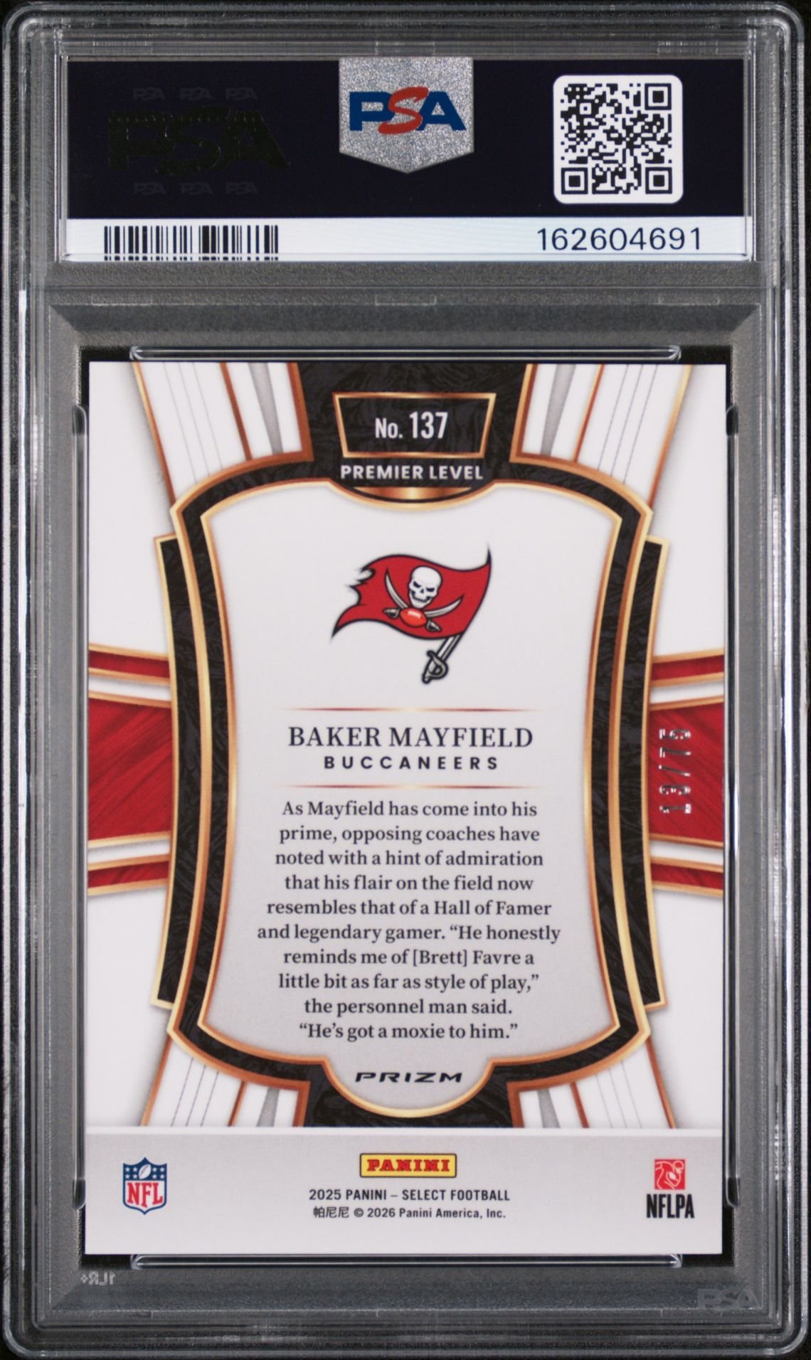 2025 Panini Select Baker Mayfield #137 (Purple Prizm) Gem Mt 10 back view - PSA certificate #162604691