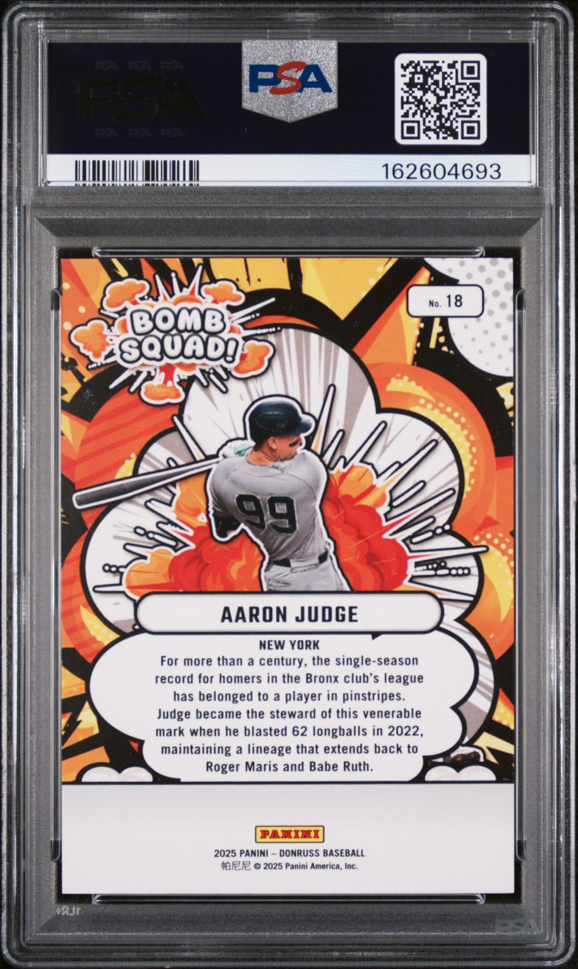 2025 Panini Donruss Bomb Squad Aaron Judge #18 (Bomb Squad-Orange Ice) Gem Mt 10 back view - PSA certificate #162604693