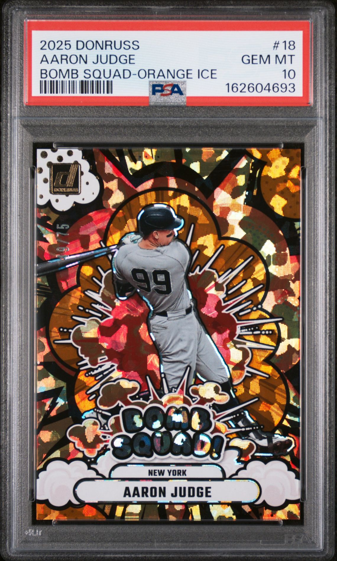 2025 Panini Donruss Bomb Squad Aaron Judge #18 (Bomb Squad-Orange Ice) Gem Mt 10 front view - PSA graded GEM MT 10