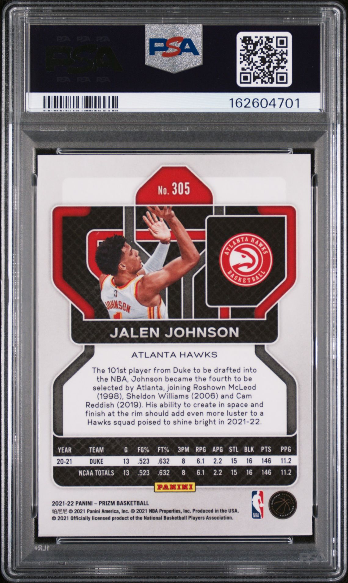 2021 Panini Prizm Jalen Johnson #305 Gem Mt 10 back view - PSA certificate #162604701