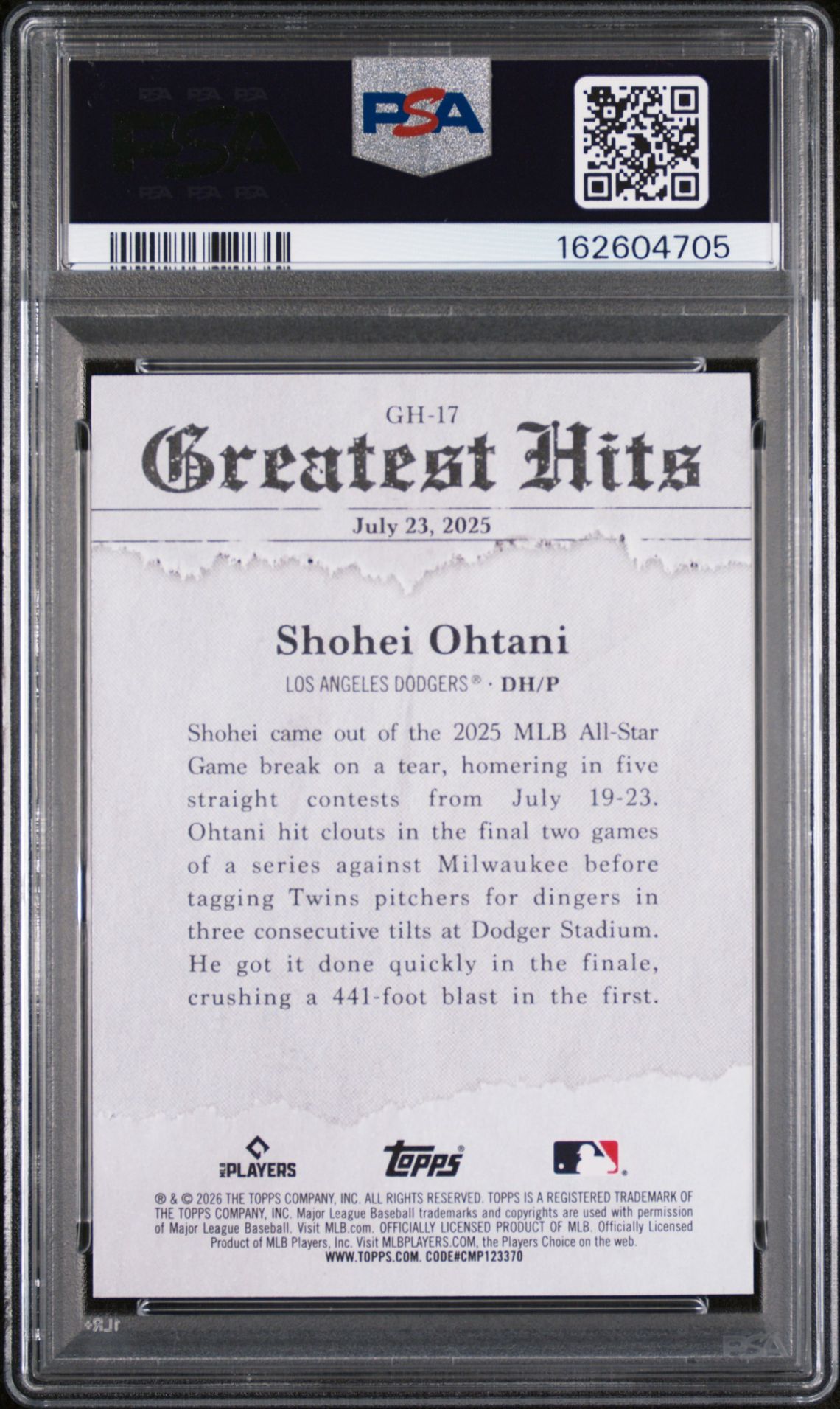 2026 Topps 2025 Greatest Hits Shohei Ohtani #17 Gem Mt 10 back