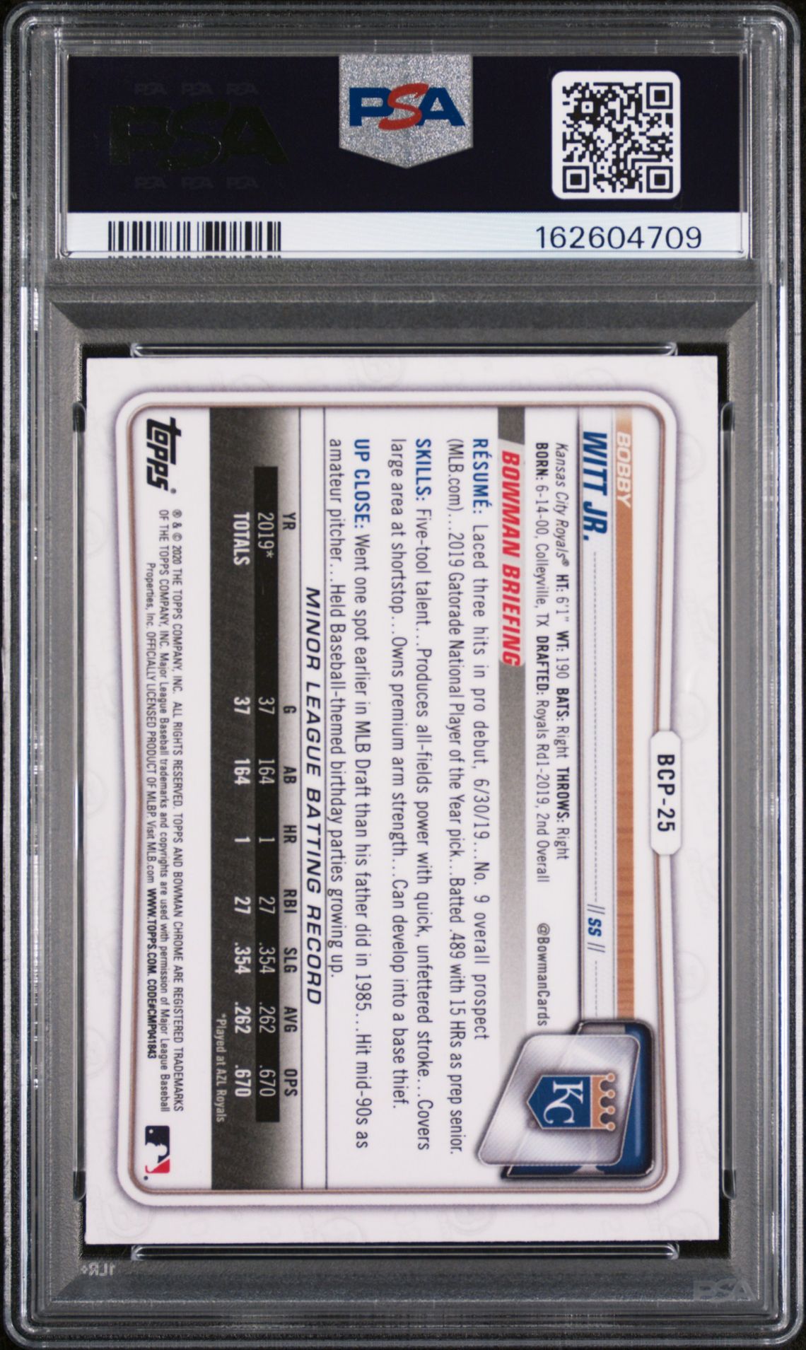 2020 Bowman Chrome Sapphire Edition Bobby Witt Jr. #Bcp25 (Sapphire Edition) Mint 9 back