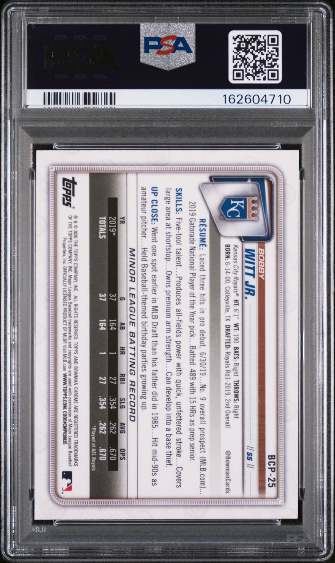 2020 Bowman Chrome Mega Box Bobby Witt Jr. #Bcp25 (Mega Box) Mint 9 back