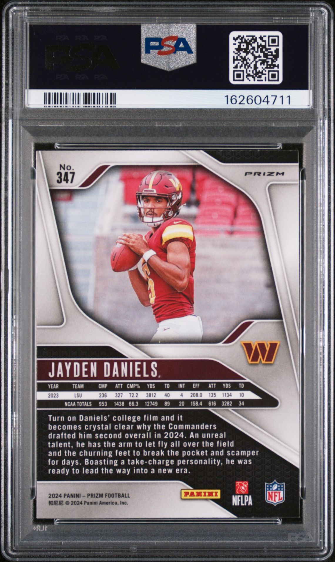2024 Panini Prizm Jayden Daniels #347 (Green Wave) Gem Mt 10 back view - PSA certificate #162604711