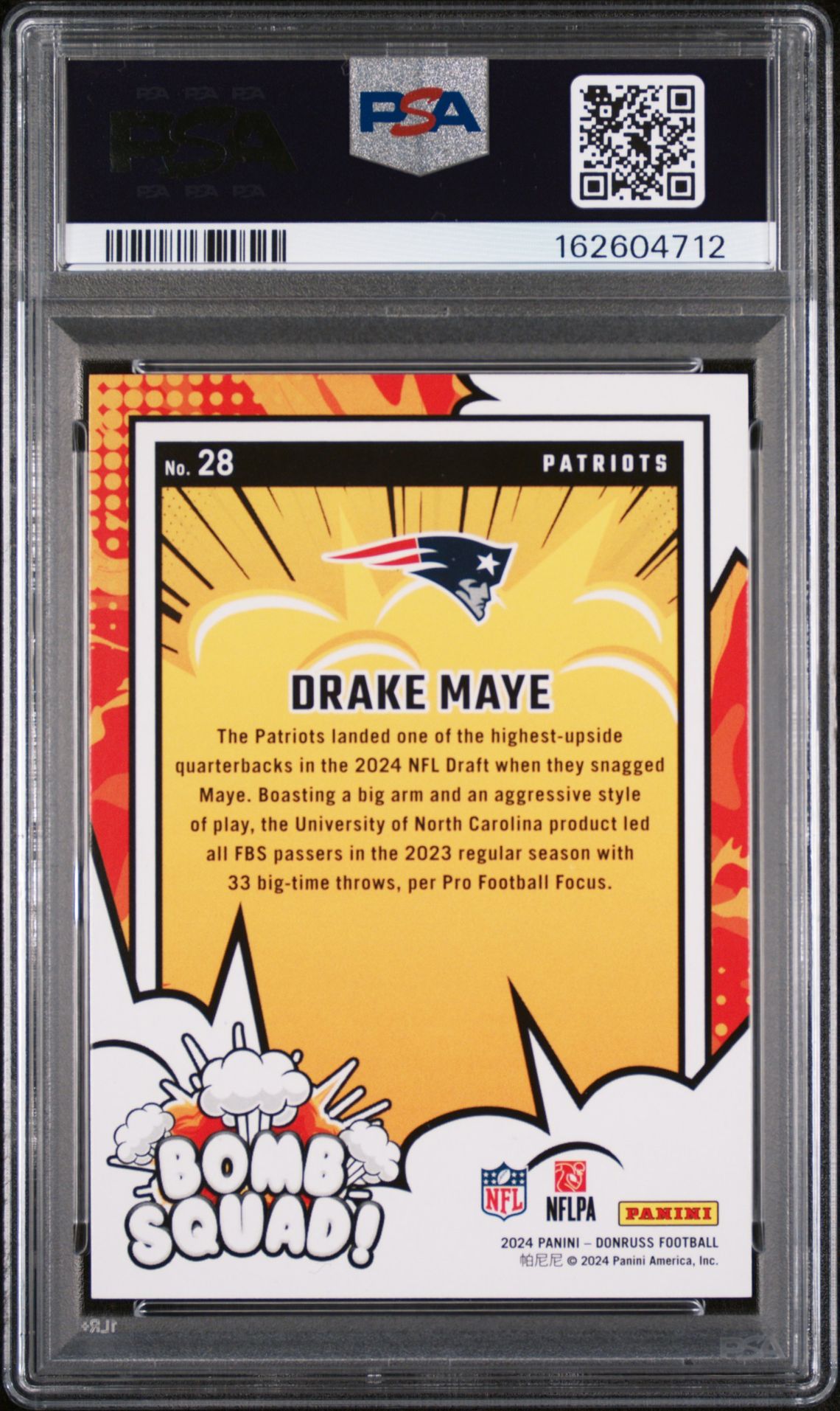 2024 Panini Donruss Bomb Squad Drake Maye #28 Gem Mt 10 back view - PSA certificate #162604712