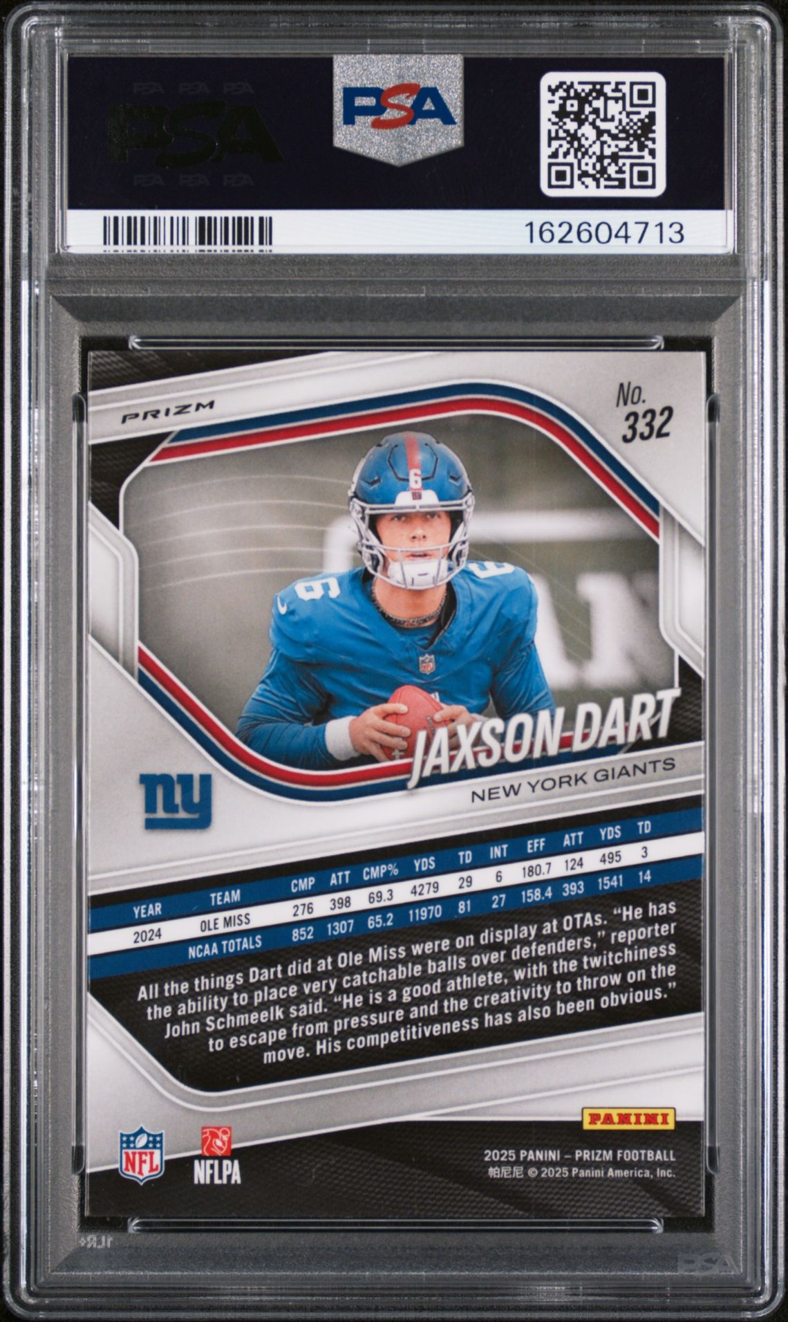 2025 Panini Prizm Jaxson Dart #332 (Lazer Prizm) Gem Mt 10 back view - PSA certificate #162604713