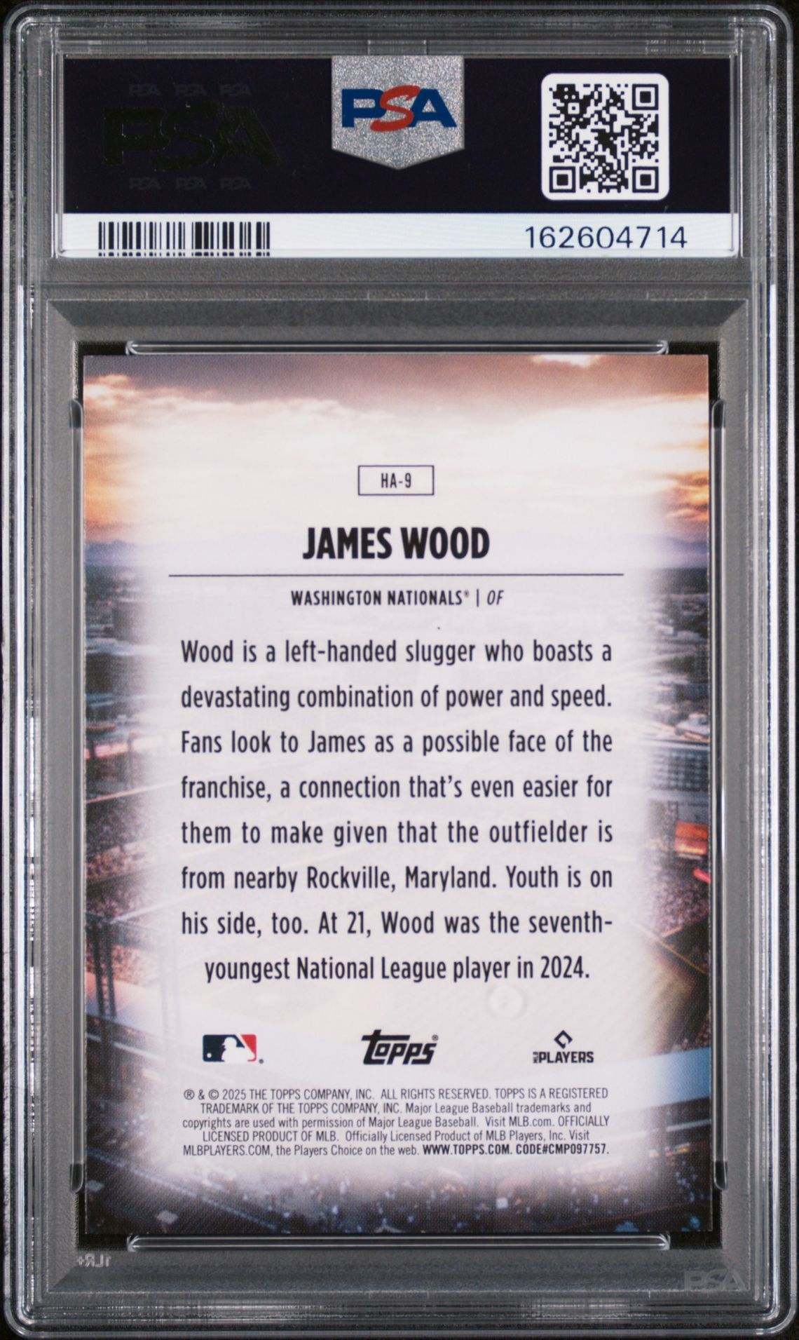 2025 Topps Home Field Advantage James Wood #Ha9 Gem Mt 10 back view - PSA certificate #162604714