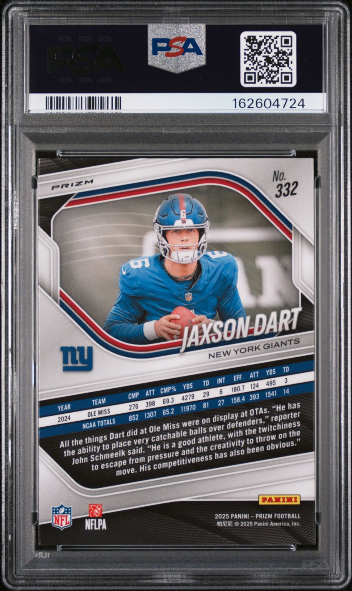 2025 Panini Prizm Jaxson Dart #332 (Lazer Prizm) Gem Mt 10 back view - PSA certificate #162604724