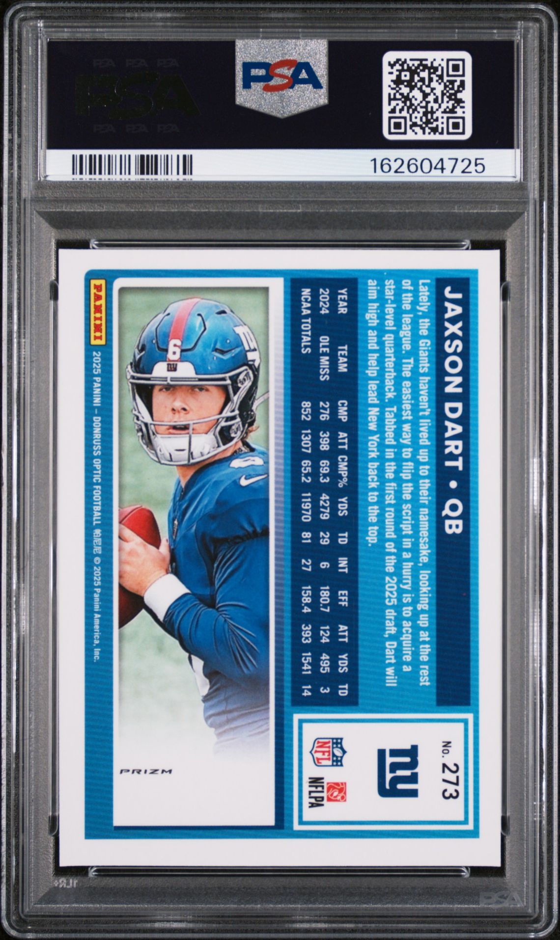 2025 Panini Donruss Optic Jaxson Dart #273 (Holo) Gem Mt 10 back