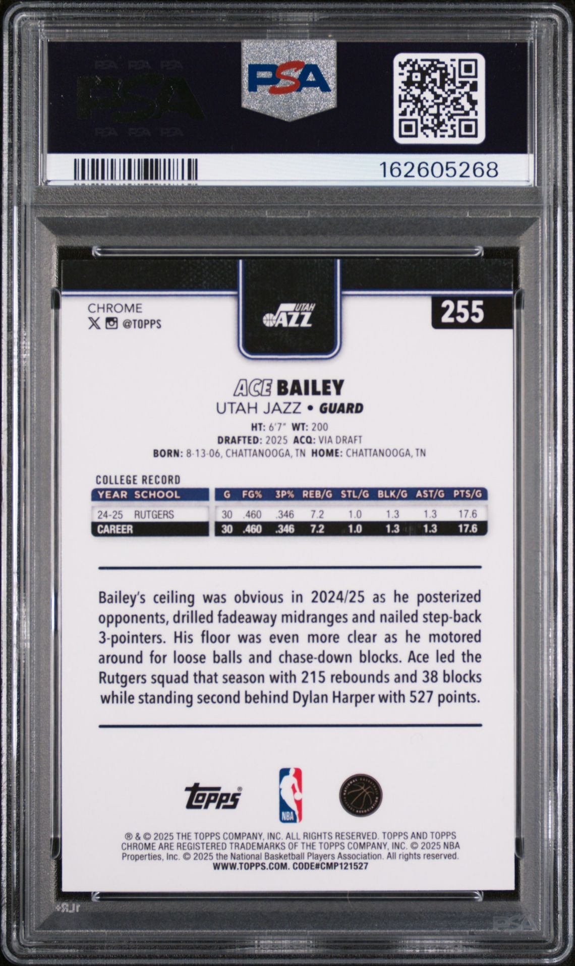 2025 Topps Chrome Ace Bailey #255 (Magenta Refractor) Gem Mt 10 back