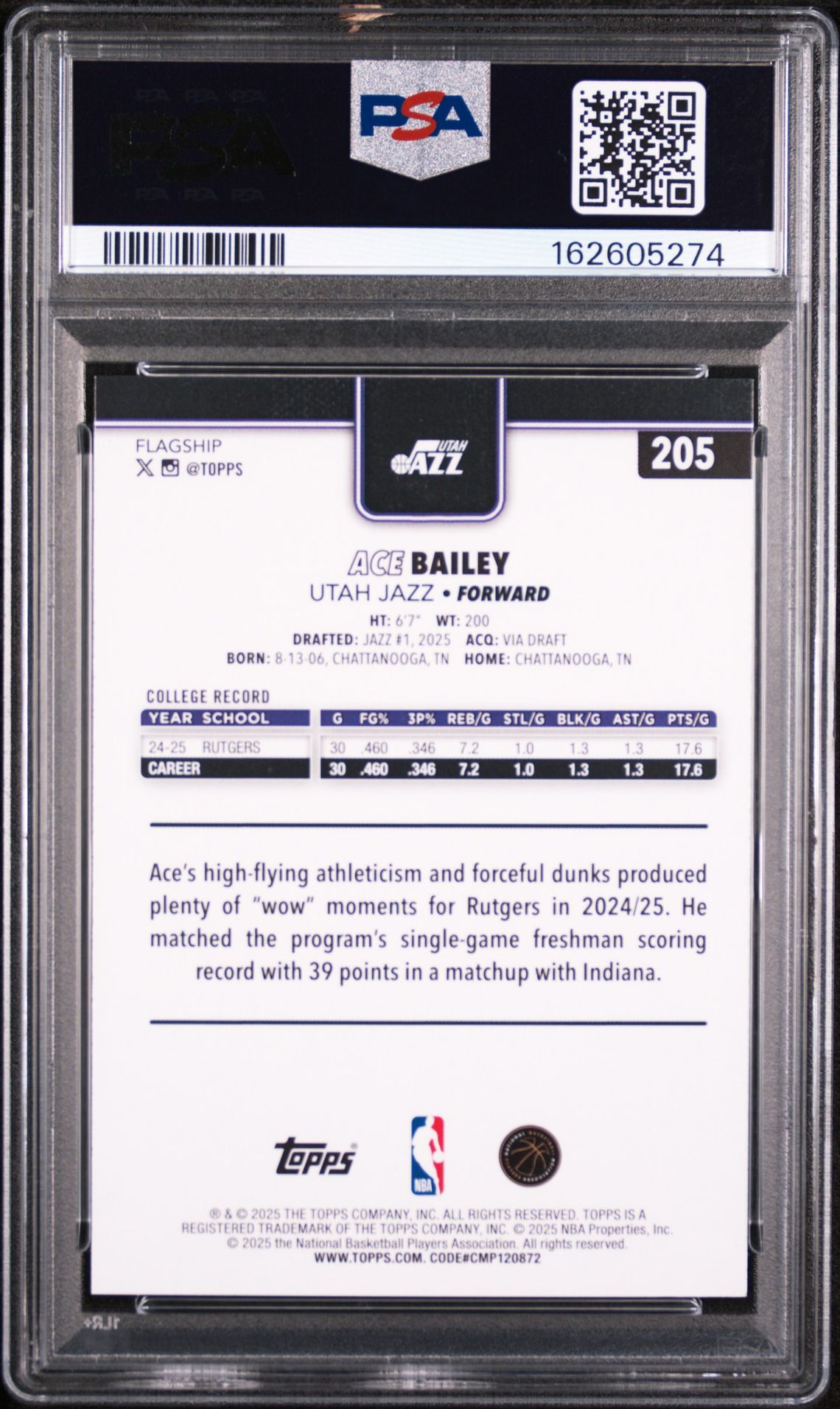 2025 Topps Ace Bailey #205 Mint 9 back