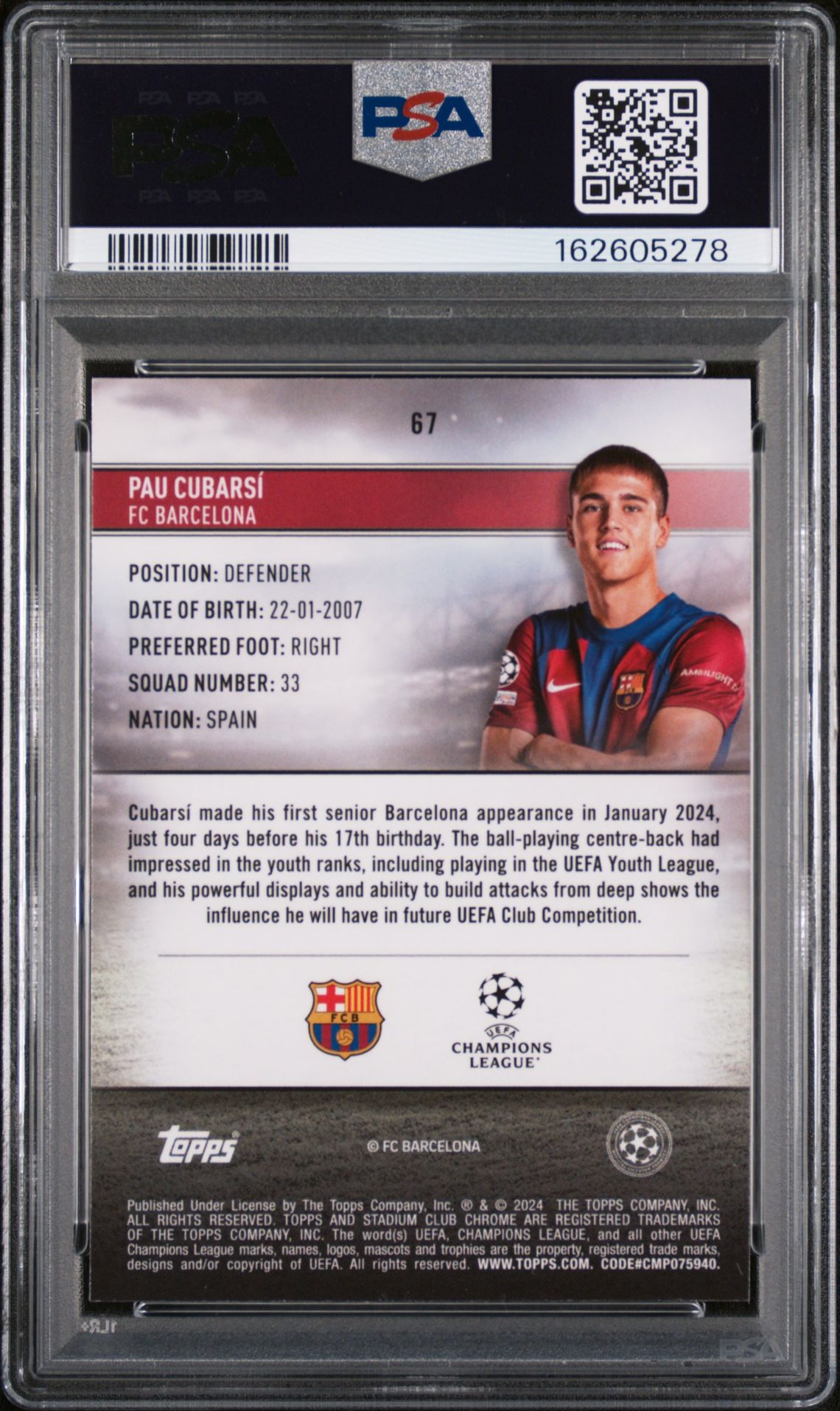 2023-24 Topps Stadium Club Chrome Uefa Club Competitions Pau Cubarsi #67 Gem Mt 10 back