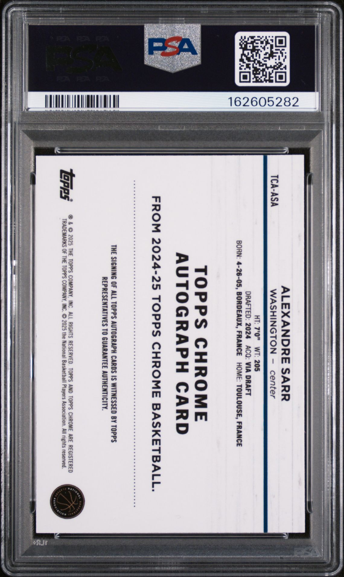 2024 Topps Chrome Topps Chrome Autographs Alexandre Sarr #Tcaasa (Autograph) Mint 9 back