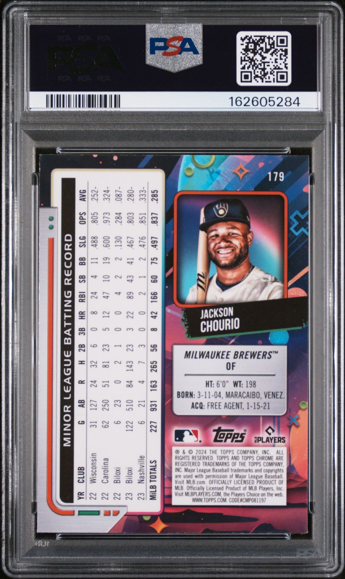 2024 Topps Cosmic Chrome Jackson Chourio #179 Mint 9 back