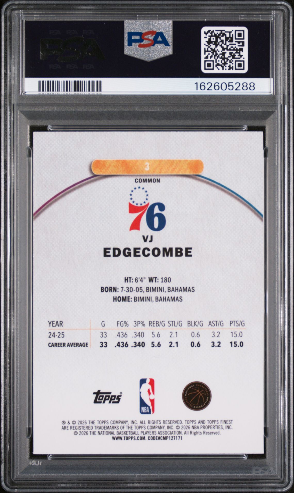 2025 Topps Finest Vj Edgecombe #3 (Oil Spill Refractor) Gem Mt 10 back
