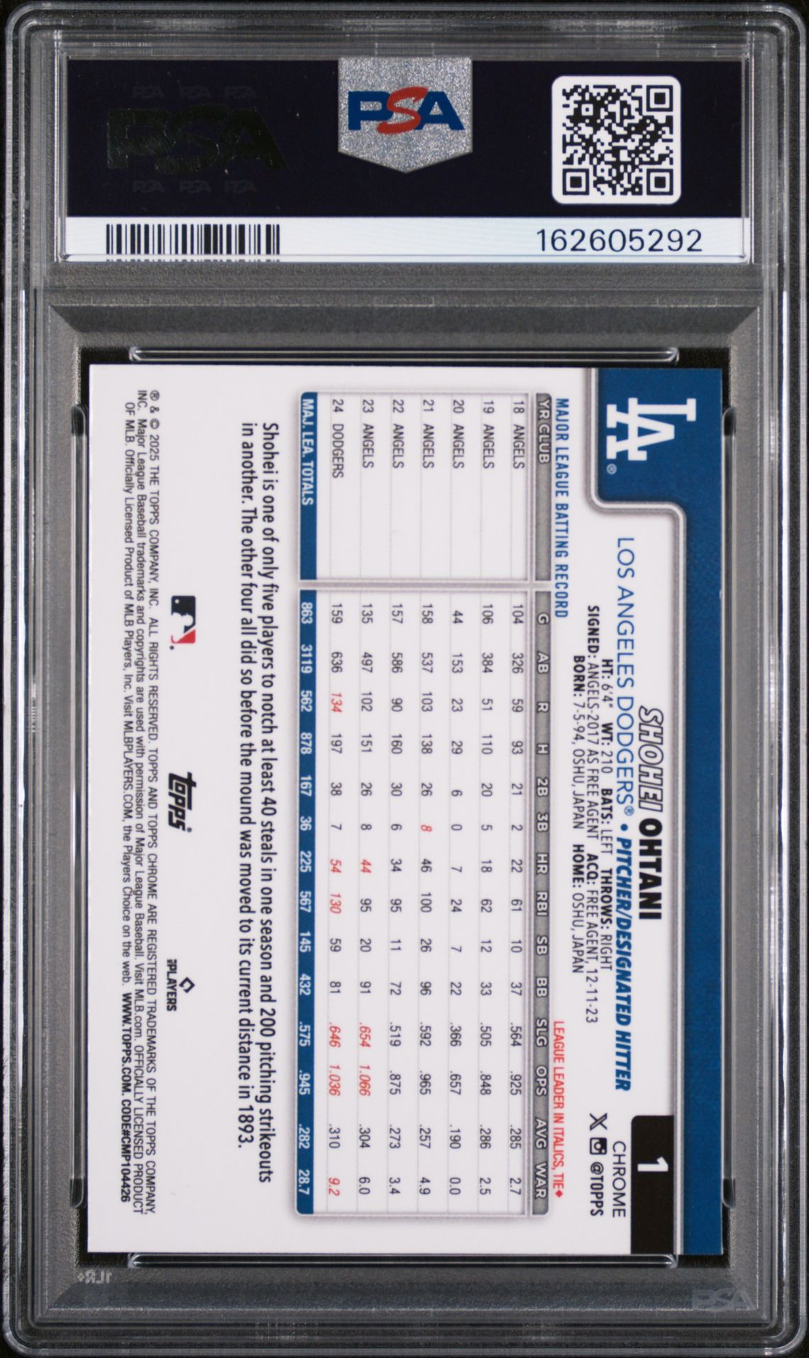 2025 Topps Chrome Shohei Ohtani #1 (X-Fractor) Gem Mt 10 back view - PSA certificate #162605292