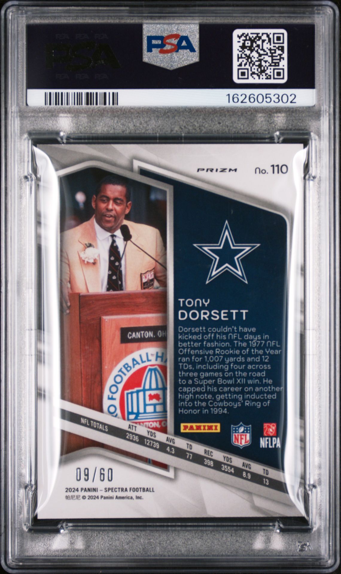 2024 Panini Spectra Tony Dorsett #110 (Interstellar) Gem Mt 10 back view - PSA certificate #162605302