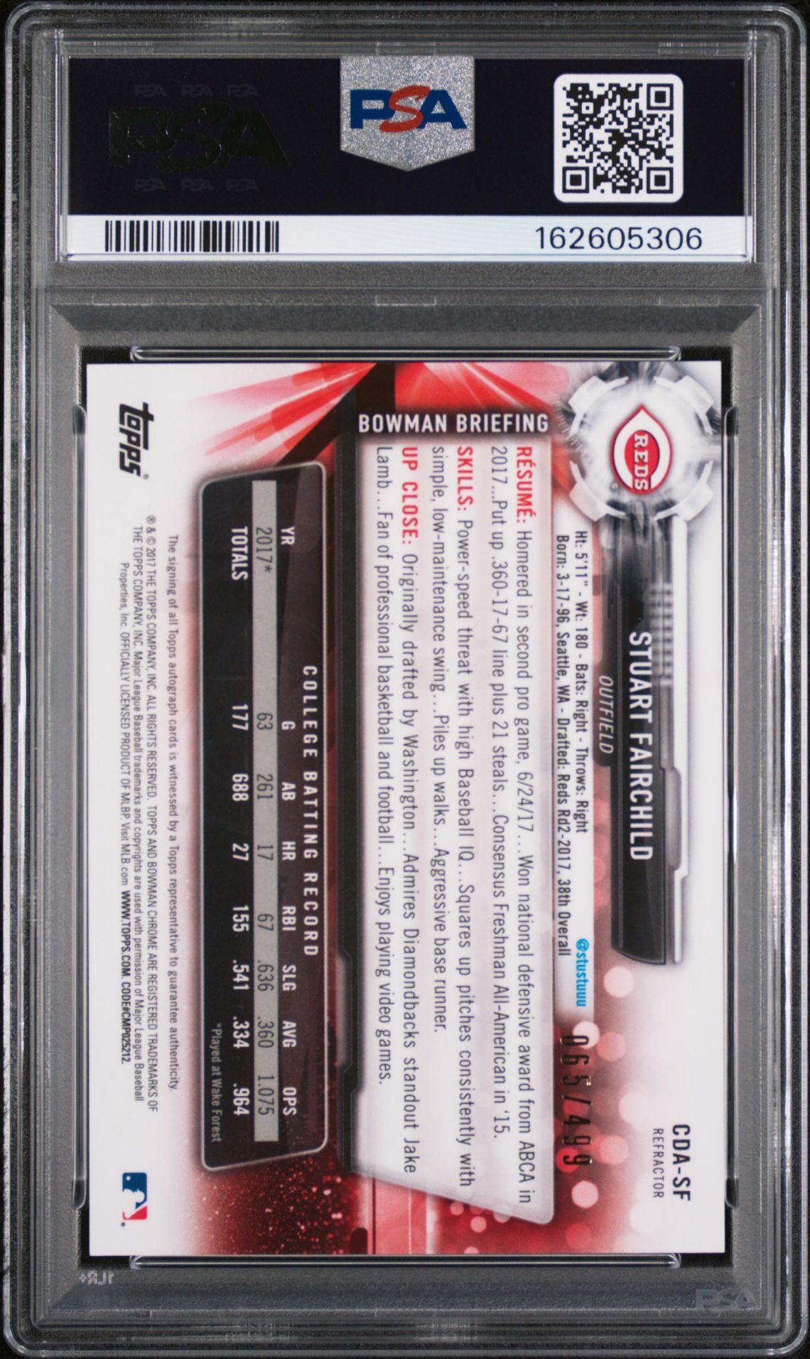 2017 Bowman Draft Chrome Draft Picks Autographs Stuart Fairchild #Cdasf (Chrome Dp Auto.-Ref.) Gem Mt 10 back view - PSA certificate #162605306